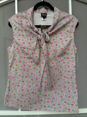 Women's Gray Tie-Neck Candy Cane Print Top